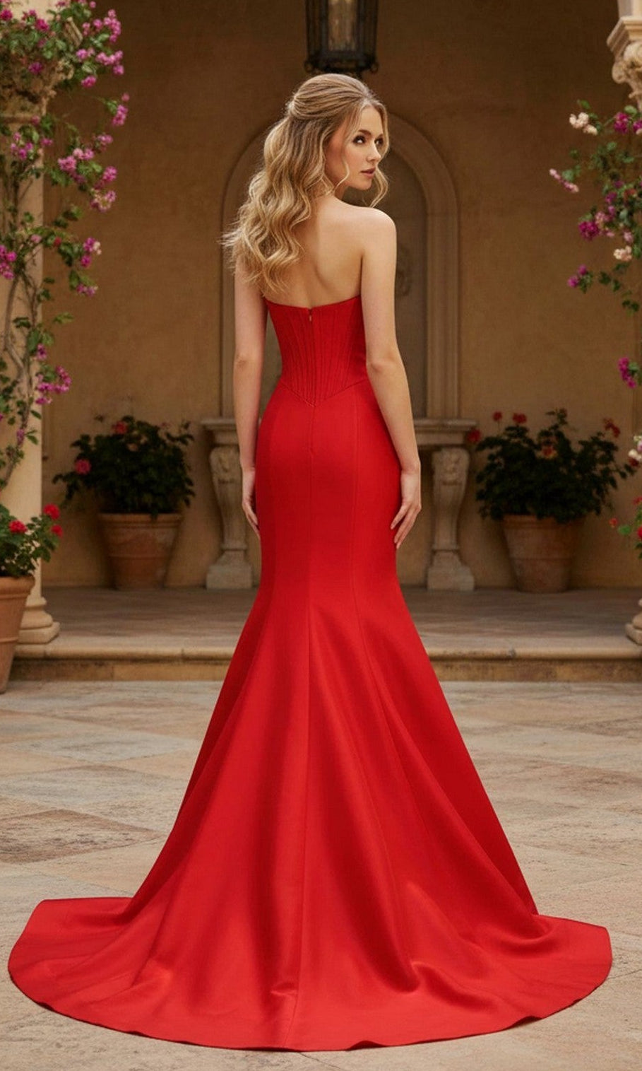 A woman stands outdoors, facing away from the camera, wearing the PromGirl Exclusive 250208 long prom dress with a strapless mermaid silhouette and flared taffeta skirt.